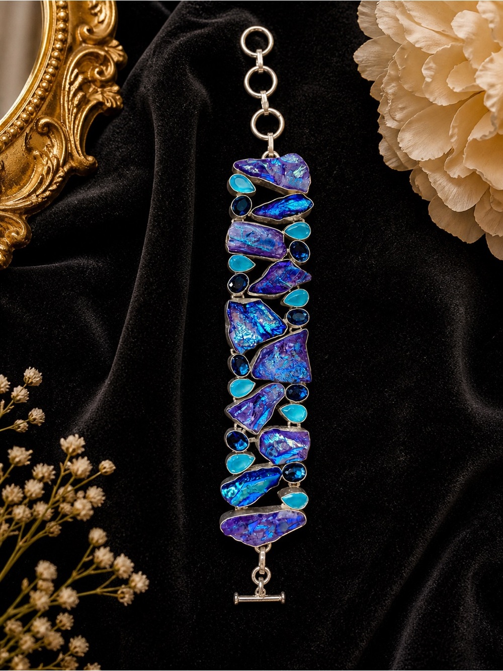 Handcrafted Raw Blue & Amethyst Druzy 925 Silver Statement Bracelet